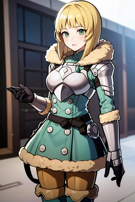 masterpiece, best quality, 8K RAW photo, film grain, fashion,  <lora:ingrid-nvwls-v2:.9> hopesIngrid, medium hair, bob cut, bangs, shoulder armor, breastplate, green coat, fur trim, gauntlets, blue gloves, belt, green skirt, brown pants,,