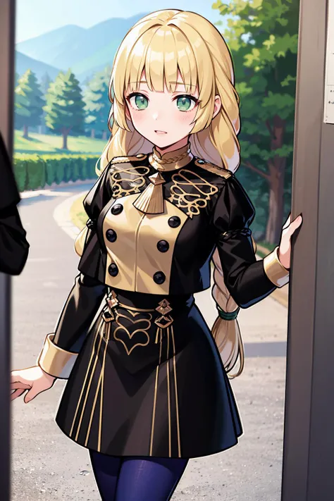 anime girl in a black and gold outfit standing in front of a door