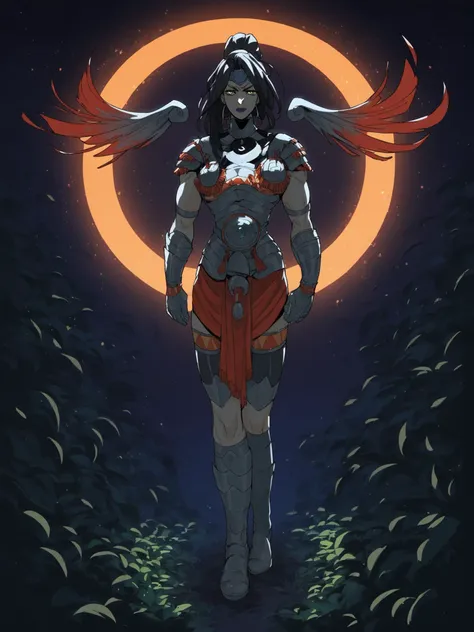 a woman in armor standing in front of a circle of leaves