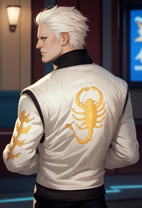 score_9, score_8_up, score_7_up, source_anime BREAK <lora:drivejacket-outfit-richy-v1_pdxl:1> print jacket, white jacket, from side, from behind, 1boy, solo, standing, <lora:dmc5_vergil_ponyXL-000005:0.8> dmc5vergil, white hair, looking back, looking at vi...