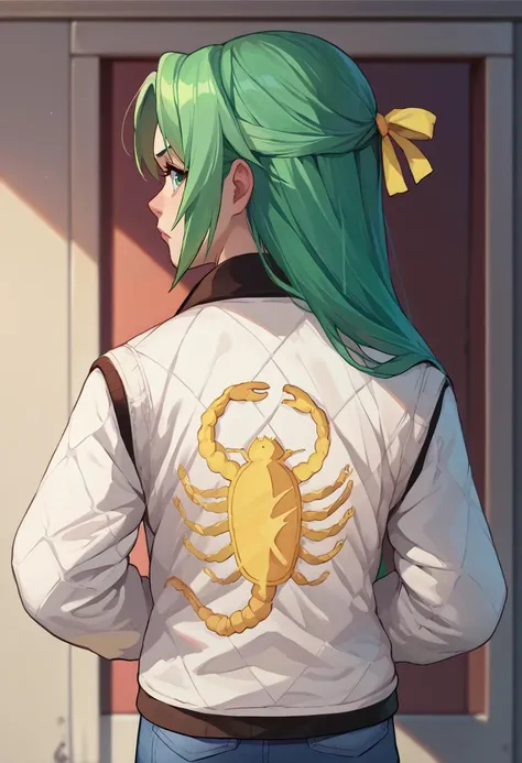 a woman with green hair and a white jacket with a scorpion on it