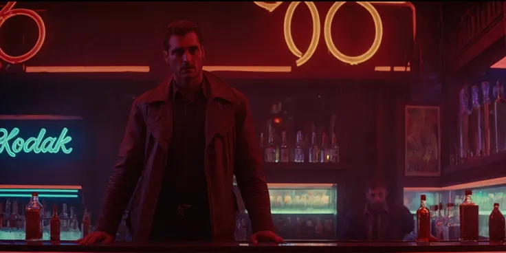 Dark Fantasy Art of  <lora:Blade Runner Style:1>
Kodak Eastman 100T 5247 Cinematic 1982 Film Stock Footage of a man standing in front of a bar with a lot of red lights staring at camera Blade Runner style, dark, moody, dark fantasy style