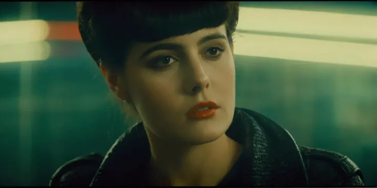 cinematic film still of  <lora:Blade Runner Style:1>
Kodak Eastman 100T 5247 Cinematic 1982 Film Stock Footage of Rachael a woman with a cigarette in her mouth staring at camera Blade Runner style, shallow depth of field, vignette, highly detailed, high bu...