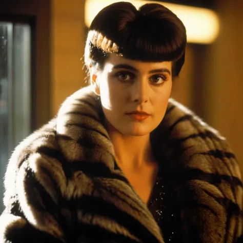 cinematic film still of  <lora:Blade Runner Style:1>
Kodak Eastman 100T 5247 Cinematic 1982 Film Stock Footage of Rachael a woman in a fur coat is staring at the camera to the right with window shaft light ray light onBlade Runner style, shallow depth of f...