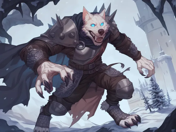 score_8_up, score_7_up, 1boy, big strong werewolf death knight, furry, glowing blue eyes, eye trail, white fur, paws, ahrp teeth, sharp fingernails, heavy armor with spikes, chainmail, belt, big shoulder pads with skull emblem, cape, winter, snow, citadel ...