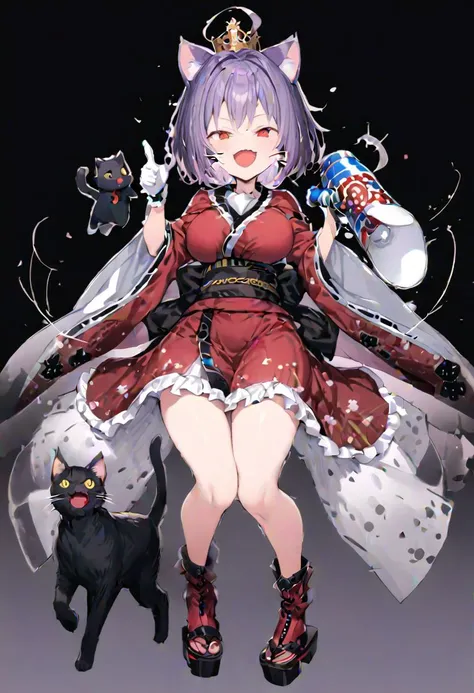 masterpiece, best quality, ultra-detailed, beautiful, nai3, 1girl, solo, full_body, tachi-e, 
sukuna_shinmyoumaru, solo, 1girl, lace, smile, short_hair, breasts, red_eyes, long_sleeves, dress, frills, wide_sleeves, purple_hair, sash, japanese_clothes, ahog...