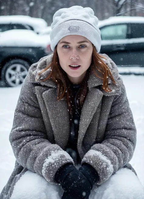 RAW photo of a sks woman, sitting in outdoor car ,winter ,snowy , ((wearing cap)), (detailed face), grunge, ((visual kai)),  ((full body)), (high detailed skin:1.2), 8k uhd, dslr, soft lighting, high quality, film grain, Fujifilm XT3, <lora:locon_amy_v1_fr...