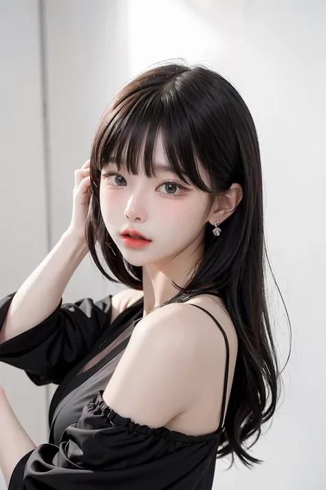 1girl,hair with bangs,black long dress,white background, <lora:pang3pong-04:1>