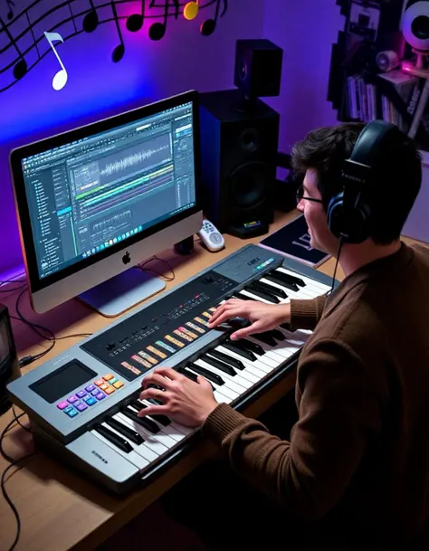 Imagine a unique workspace where a **computer user** is seated at a desk, fully immersed in their tasks. Instead of a standard keyboard, they are using a **piano keyboard** as their input device. The scene is lively and artistic, blending technology and mu...