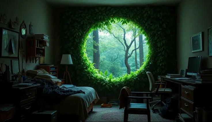 A small, rectangular messy bedroom viewed from one corner. On the far wall, off to one side, a huge circular mystical portal shimmers, offering a glimpse into a lush, enigmatic forest. The portals edge is encircled by full of vibrant, ethereal leaves that ...