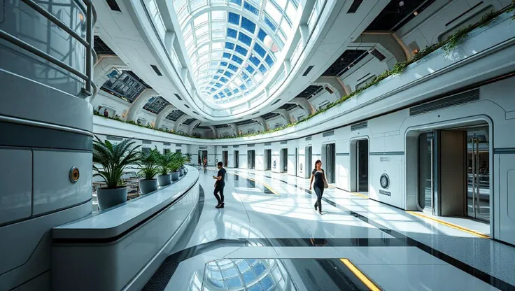 View of a futuristic busy space habitats main concourse from a position hugging the left wall, angled approximately 70 degrees to the right of the corridors central axis. The vast walkway sweeps from left to right across the frame, its right side prominent...