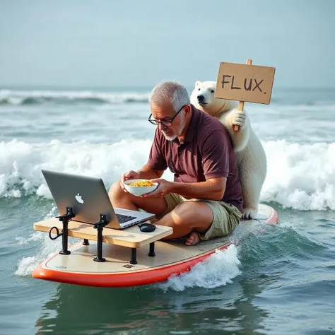 An elderly man sat on his surfboard, carefully cradling a steaming bowl of noodles in his hands, savoring each bite as he typed away on his MacBook. The MacBook rested on a miniature table securely anchored to his surfboard, creating an amusing workspace a...