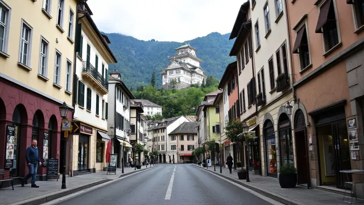 A view of Chiasso street, with the perspective shifted to one side rather than centered in the middle of the road. The scene captures the charming architecture and ambiance of Chiasso, showing buildings, shops, and possibly pedestrians along the sidewalk. ...