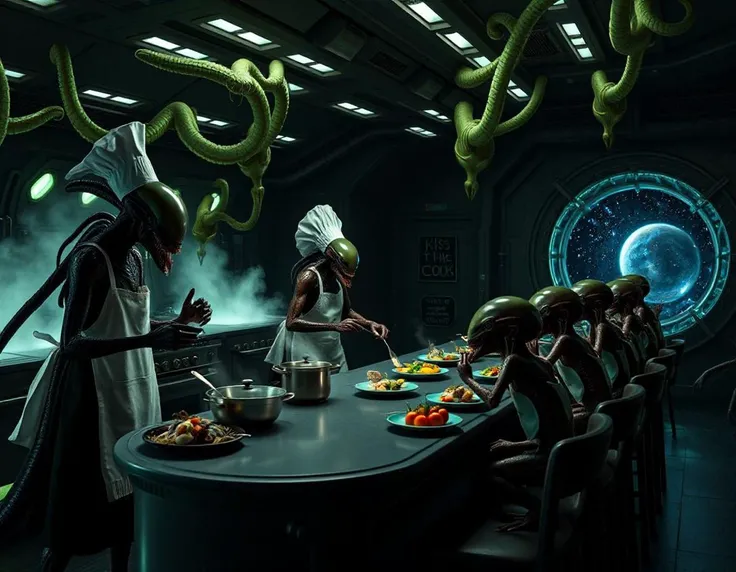 A surreal and darkly humorous scene set in an alien kitchen aboard a massive spaceship. The kitchen is dimly lit with an eerie green glow emanating from bioluminescent growths on the walls and ceiling. Steam rises from various pots and pans on a large, bio...