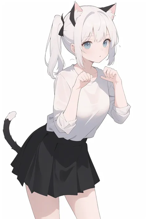 (best quality, masterpiece, highres),1girl,solo,side ponytail,white hair,oversized_shirt,short skirt,simple background,cat_pose,