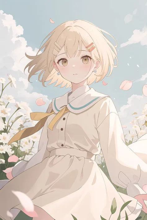 (best quality, masterpiece, highres),1girl,solo,short hair,beige hair,hairclip,earrings,blush,floating hair,white flower,petals,
outdoors,wind,