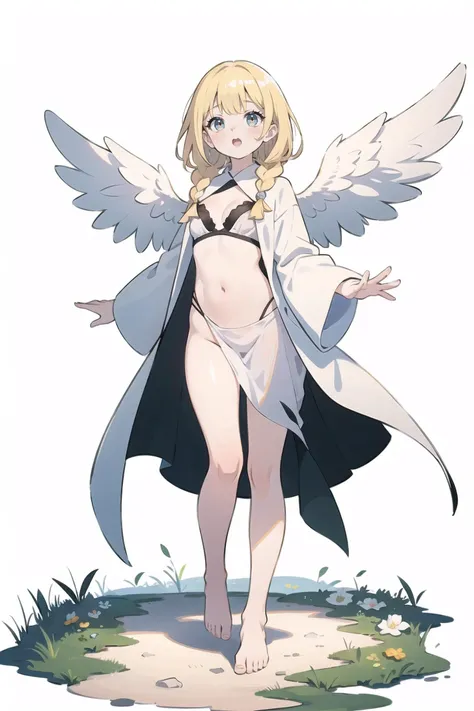 (masterpiece, top quality, best quality), (splash art), cute girl, angel of light, barefoot, white robe, flat chest, sexy, cleavage, braids, blonde, on the ground, transparent background