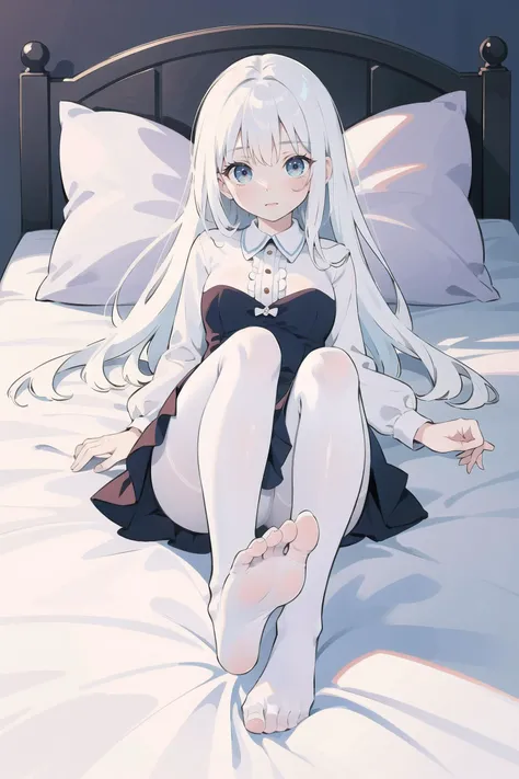 (masterpiece, top quality, best quality), (splash art), white pantyhose, white_legwear, feet, breasts, white_hair, long_hair, foreshortening, cuteness, bed, correct feet, five toes