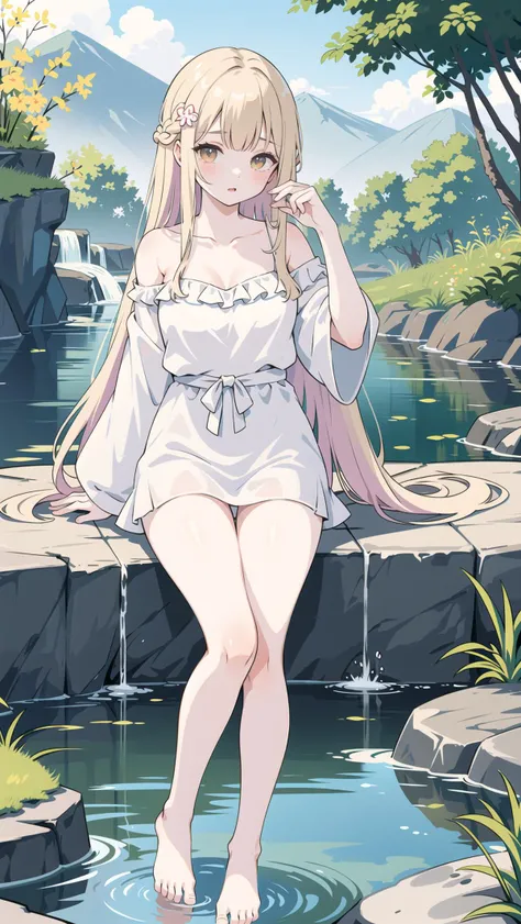 (masterpiece, top quality, best quality), long hair, nature, hot springs, wet hair, wet, collarbone, off shoulder, Japanese clothes, hair ornament, pussy, bare legs, steam, hand behind