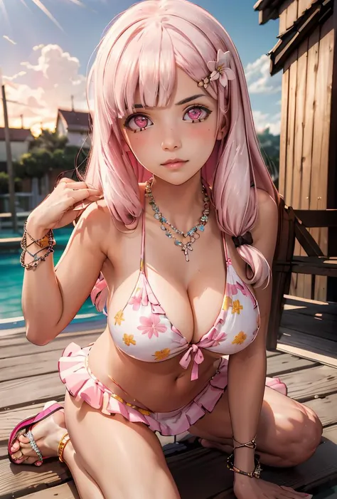 (masterpiece, best quality), 1girl,   <lora:nacht_20240218:0.8> nacht,hair bow,hairclip,pink eyes,pink hair, urbikini, sandals, flower necklace, necklace, frilled bikini, flower bracelet, bracelet, hair flower, frills, cleavage, navel, floral print, bikini...