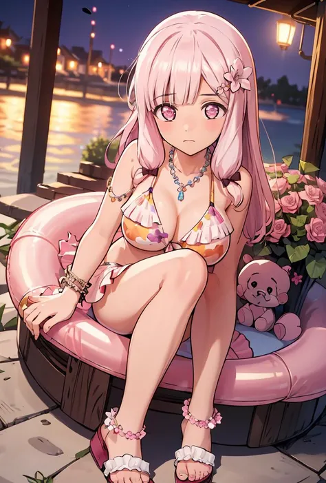 (masterpiece, best quality), 1girl,   <lora:nacht_20240218:0.8> nacht,hair bow,hairclip,pink eyes,pink hair, urbikini, sandals, flower necklace, necklace, frilled bikini, flower bracelet, bracelet, hair flower, frills, cleavage, navel, floral print, bikini...