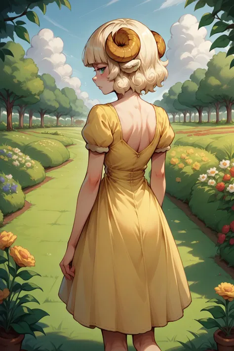 a woman in a yellow dress is walking down a path