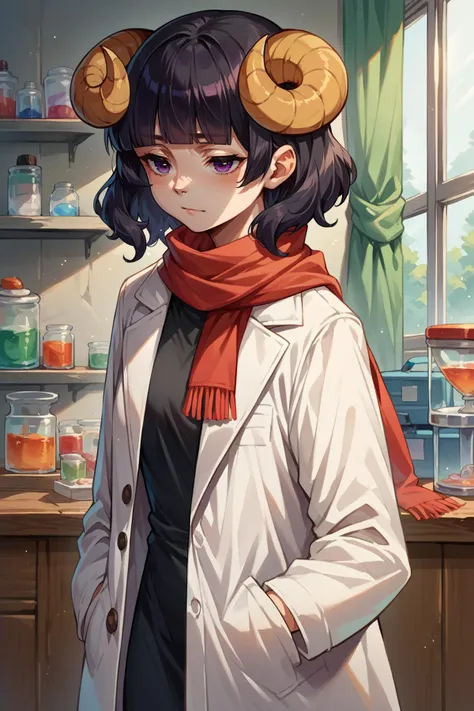 anime girl with horns on head standing in a kitchen