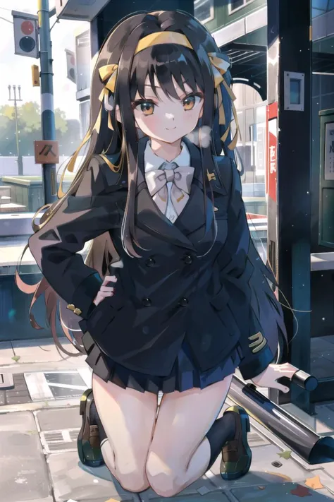 photo,realistic, 
suzumiya haruhi,
looking at viewer, smile,
suzumiya haruhi, hair ribbon, hair band
Kouyouen school uniform, Kouyouen black skirt, black jacket, kneehighs, bow, official alternate hair length
(on all fours,:1.4),
 <lora:HaruhiSuzumiya:1>