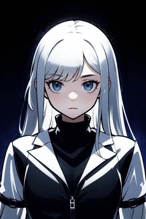 a woman with white hair and blue eyes standing in front of a dark background