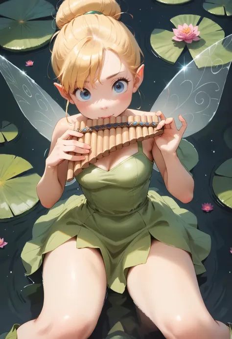 there is a woman sitting on a lily covered surface playing a pan flute