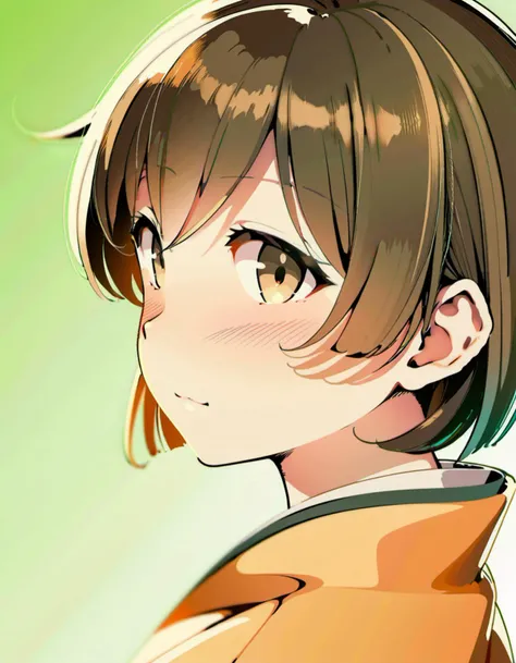 dynamic angle, masterpiece, best quality, photorealistic, best illustration, solo, looking at viewer, portrait view of 1girl facing viewer over a simple white to green gradient background, hiryuuchan, (one side up:1.22) brown hair, brown eyes, orange kimon...