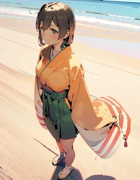 dynamic angle, masterpiece, best quality, photorealistic, professional illustration cg, solo, looking at viewer, feet out of frame view of 1girl standing up facing viewer over a detailed illustration of a beach, hiryuuchan, (one side up:1.22) brown hair, b...