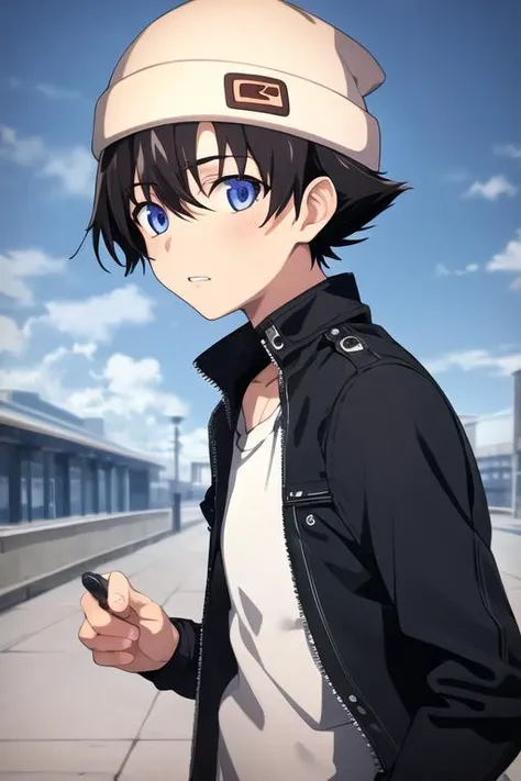 masterpiece, best quality, high quality, 1boy, solo, male focus, looking at viewer, upper body, <lora:yukiteru_amano:0.78>, yukiteru_amano, black hair, blue eyes, hat, jacket