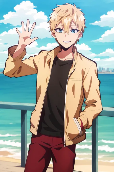 masterpiece, best quality, 1boy, solo, teru_minamoto, cowboy shot, standing, waving, hand in pocket, against railing, water, looking at viewer, blonde hair, blue eyes, smile, (casual, brown jacket, open jacket, black t-shirt, red pants), city, ocean