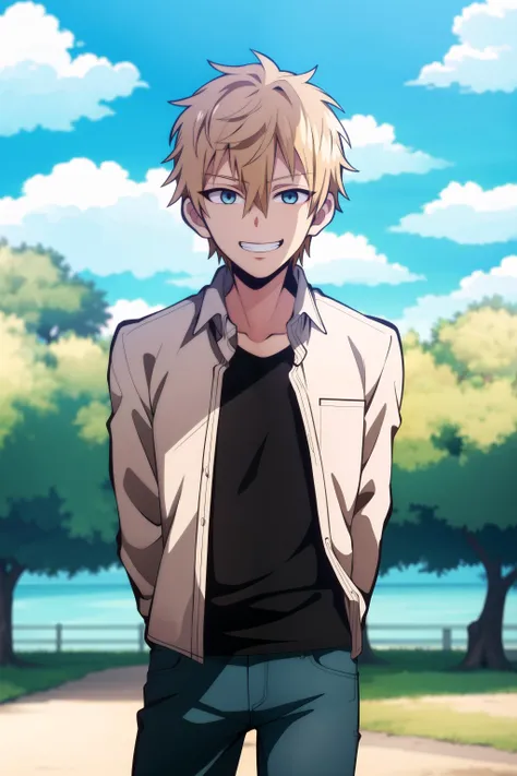 masterpiece, best quality, 1boy, solo, teru_minamoto, cowboy shot, standing, arms behind back, looking at viewer, blonde hair, blue eyes, smug, grin, (casual, layered clothes, ((collared shirt)), open shirt, (black t-shirt), jeans), park, tree, outdoors,