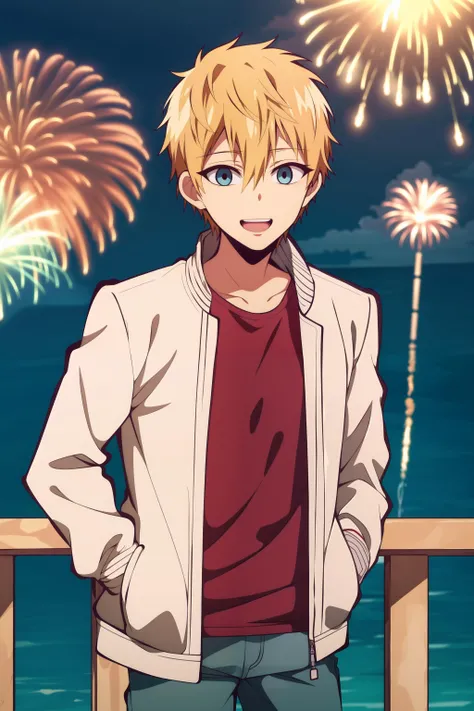 masterpiece, best quality, night, 1boy, solo, teru_minamoto, upper body, standing, hands in pockets, against railing, water, fireworks, looking at viewer, blonde hair, blue eyes, happy, open mouth, (casual, (white jacket), open jacket, (red t-shirt), jeans...