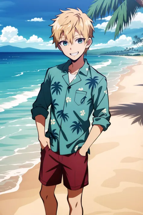 masterpiece, best quality, 1boy, solo, teru_minamoto, standing, hand in pocket, (beach, ocean, palm tree), looking at viewer, blonde hair, blue eyes, grin, (casual, (((hawaiian shirt))), untucked shirt, red short pants),