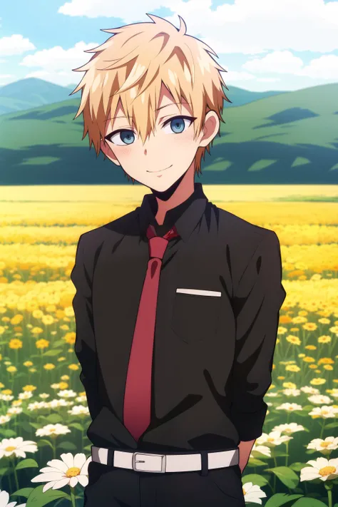 masterpiece, best quality, 1boy, solo, teru_minamoto, upper body, standing, arms behind back, flower field, looking at viewer, blonde hair, blue eyes, nervous smile, light blush, (((black shirt))), red necktie, black pants, (white belt),