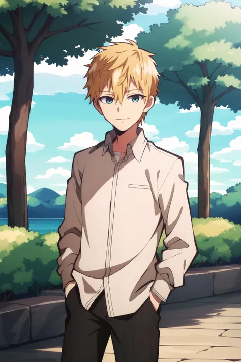 masterpiece, best quality, 1boy, solo, teru_minamoto, cowboy shot, standing, hands in pockets, looking at viewer, blonde hair, blue eyes, light smile, closed mouth, casual, collared shirt, untucked shirt, black pants, park, tree, outdoors,