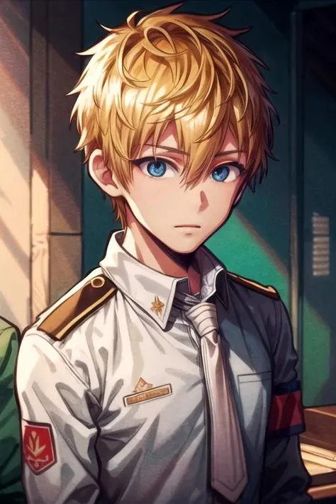 masterpiece, best quality, , 1boy, solo, male focus, looking at viewer, , depth of field, , realistic, <lora:teru_minamoto:0.74>, teru_minamoto, blonde hair, blue eyes, jacket, , science fiction military science fiction,