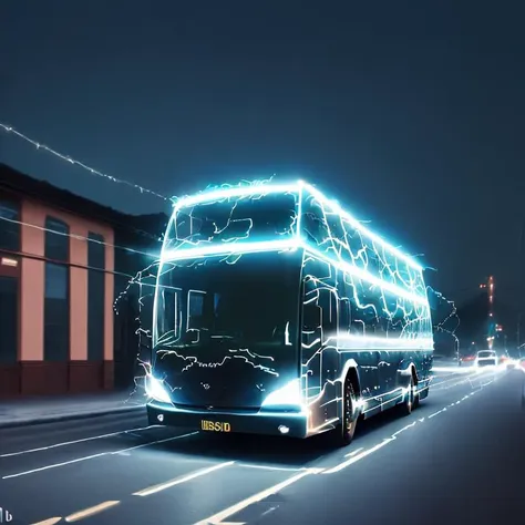 arafed bus driving down a city street at night with lights on