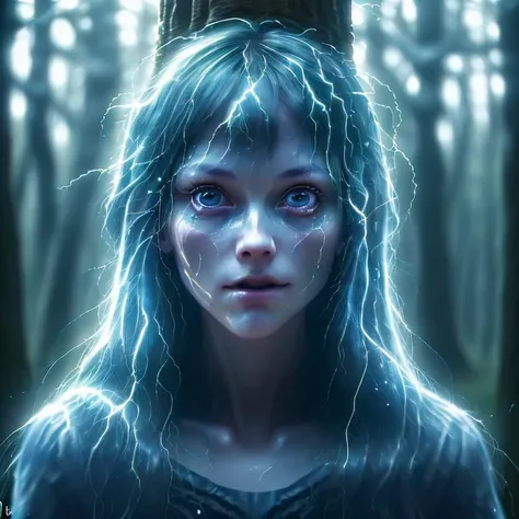 a woman with blue hair and lightning in the woods