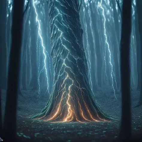 a tree with lightning coming out of it in the middle of a forest