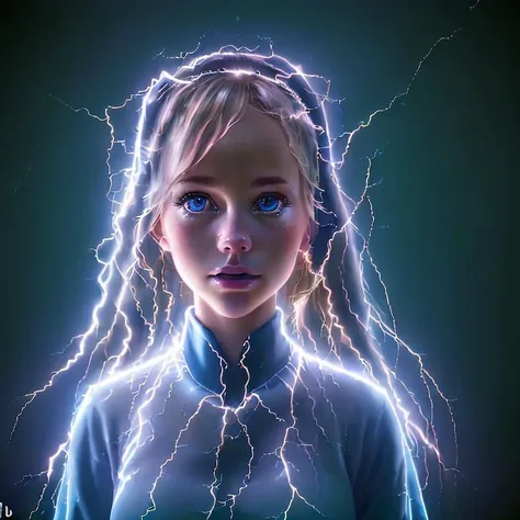 a close up of a girl with lightning in her hair