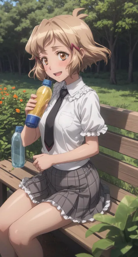 anime girl sitting on a bench with a bottle of water