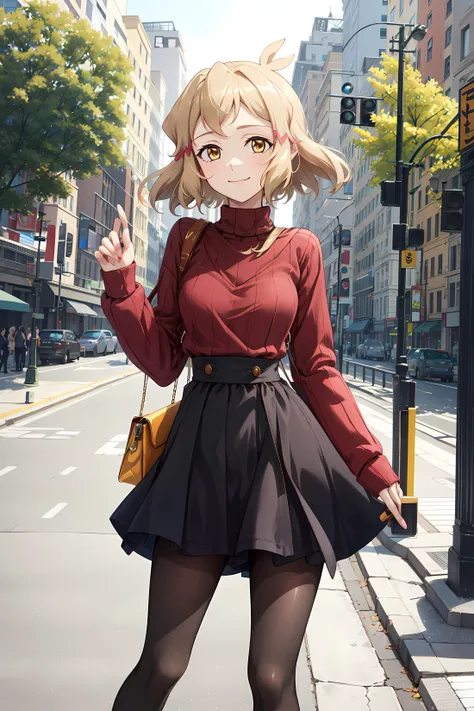 anime girl in a red shirt and black skirt standing on a city street