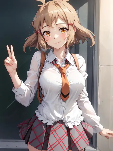 anime girl in a school uniform with a peace sign