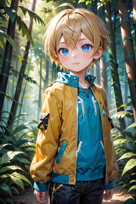 a young boy in a yellow jacket standing in a forest