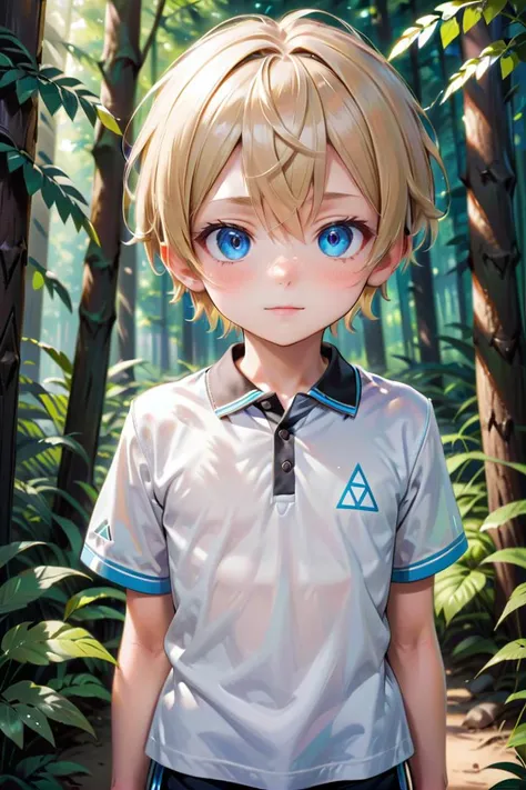 anime boy in a white shirt standing in a forest