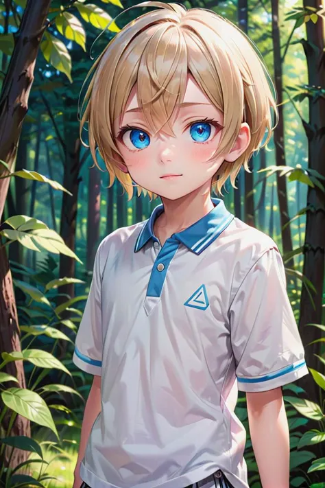 anime boy with blue eyes standing in the woods